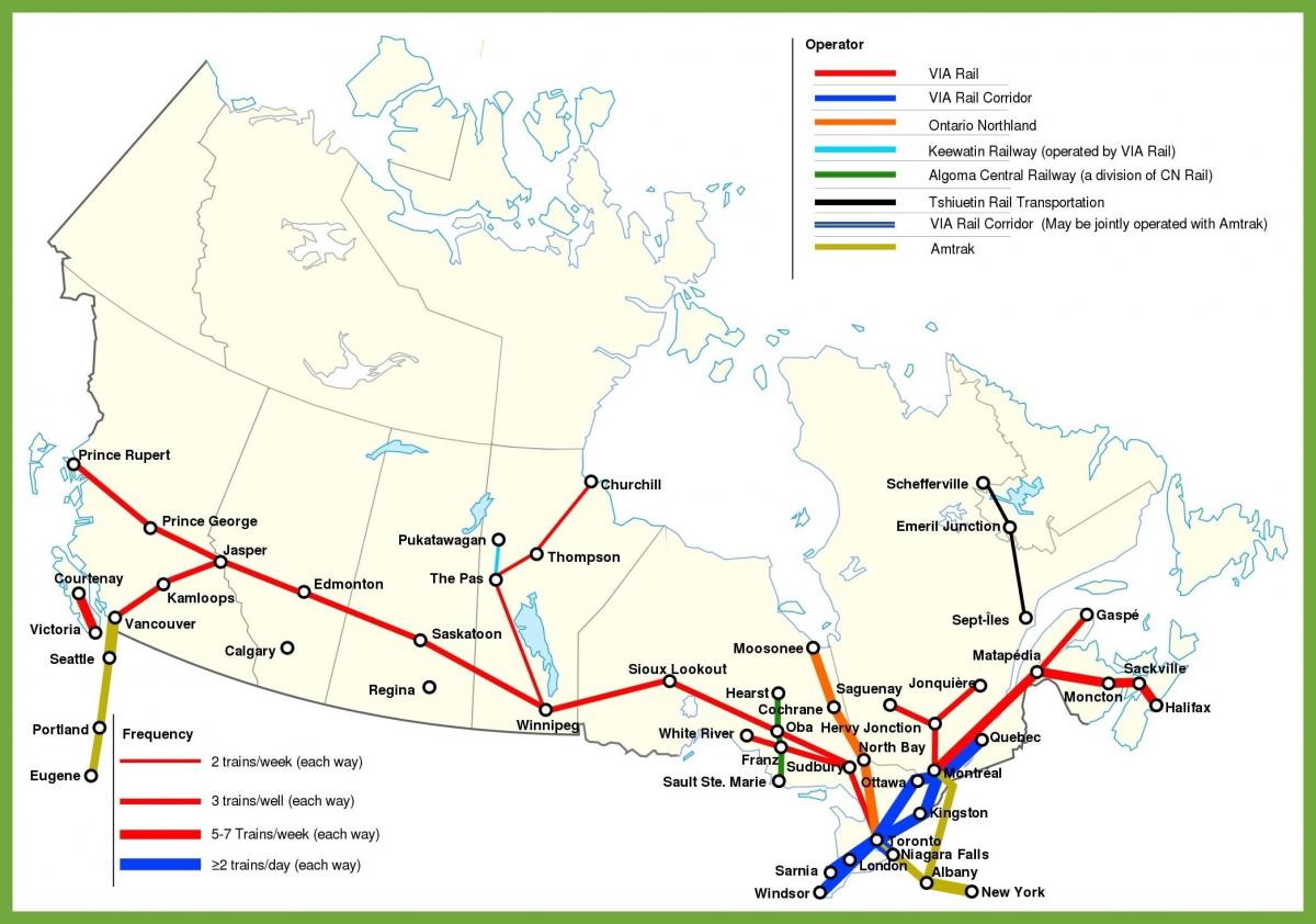 Mapa das linhas de trem do Canadá