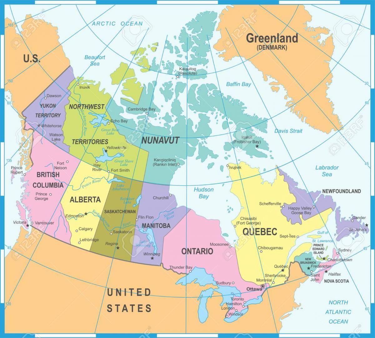 Mapa do Canadá e dos países limítrofes